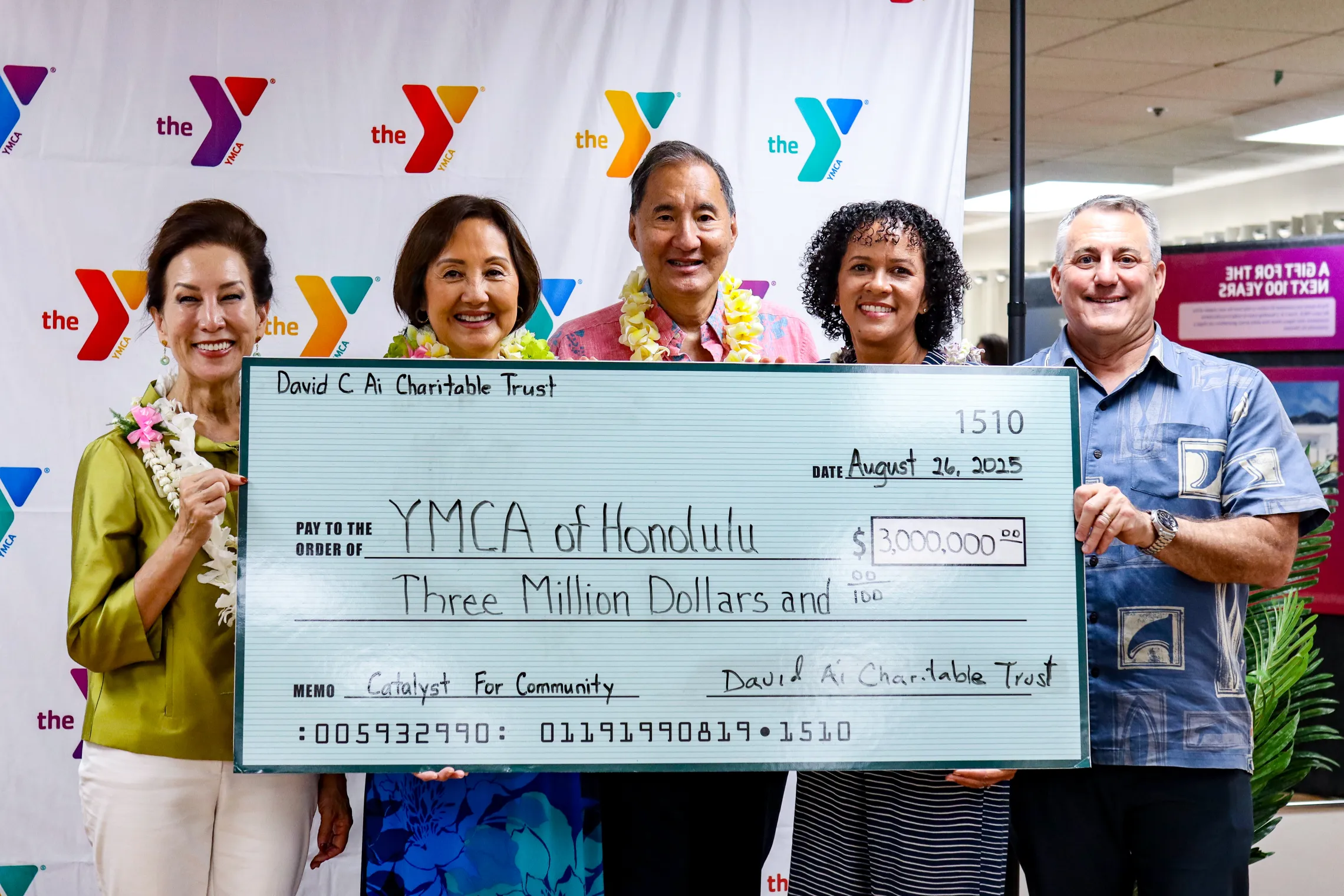 donation check to nu'uanu ymca from David C. Ai Charitable Trust
